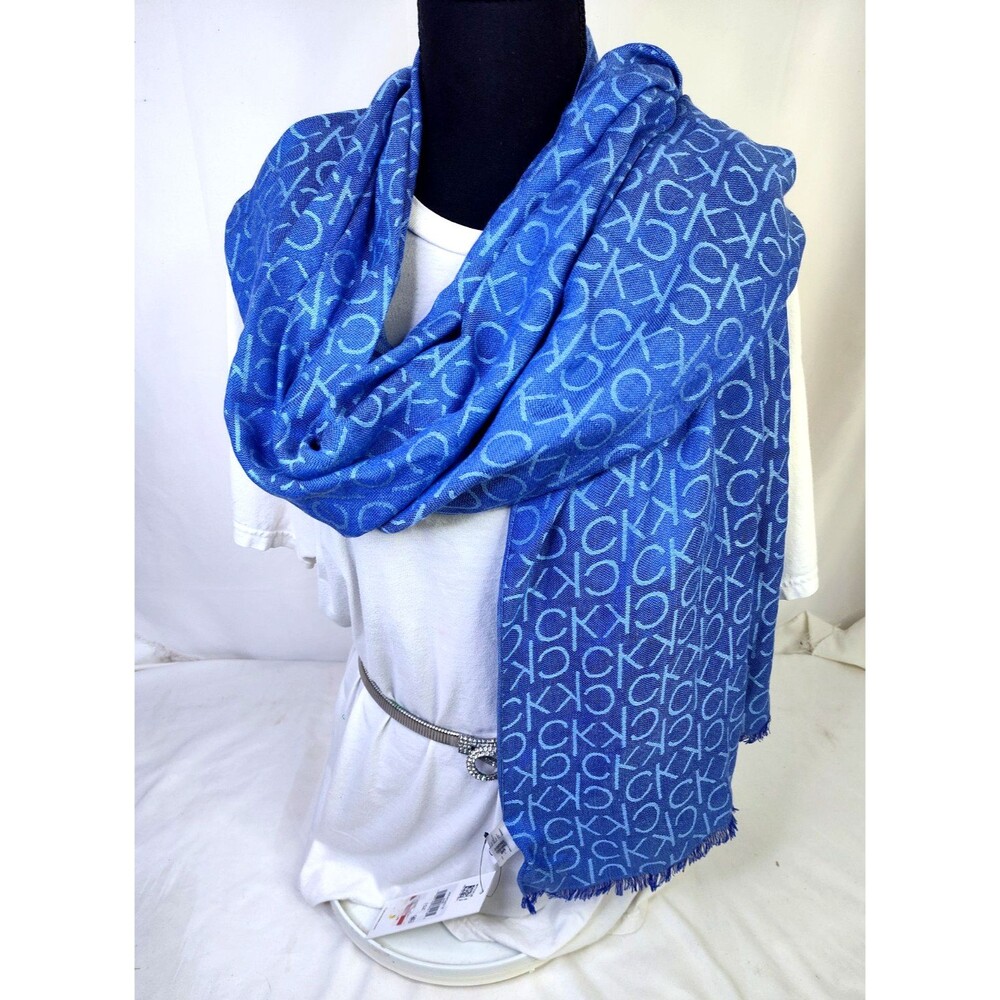 NWT Calvin Klein Women One Size Blue White CK Logo Scarf Shawl OS ( 71"x 27")